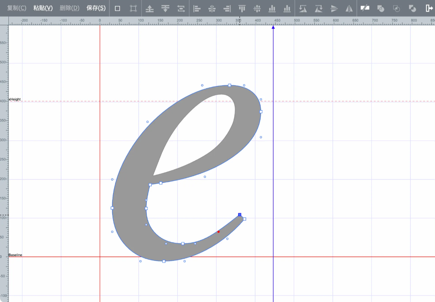 fig.14 使用字体编辑工具查看字符 ‘e’ 轮廓点坐标